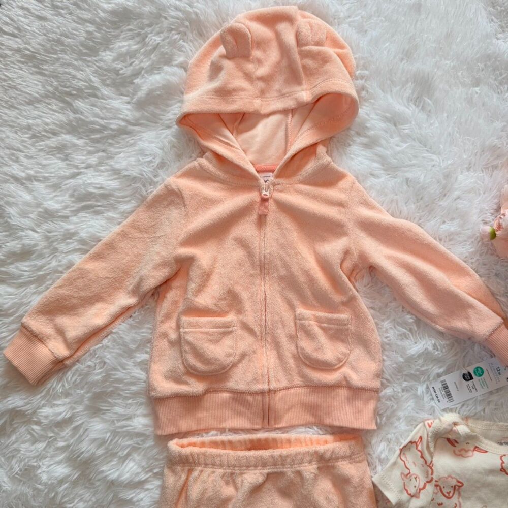 NWT Baby Outfit Set 12M Pink Hoodie Pants Onesie 3 Piece - Picture 2 of 8
